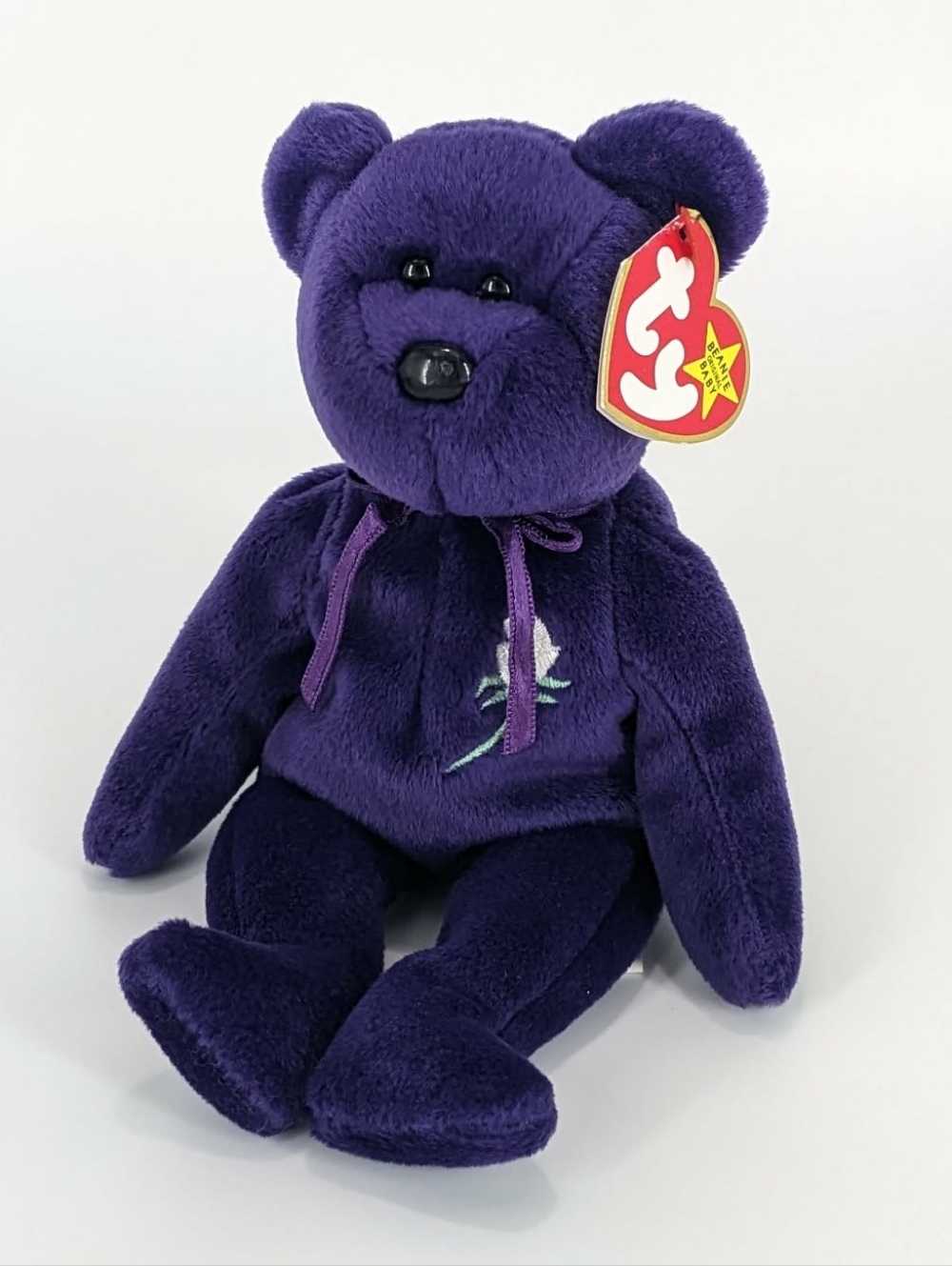Ty Beanie Babies Princess Diana Purple Plush Bear with White Rose Embroidery
